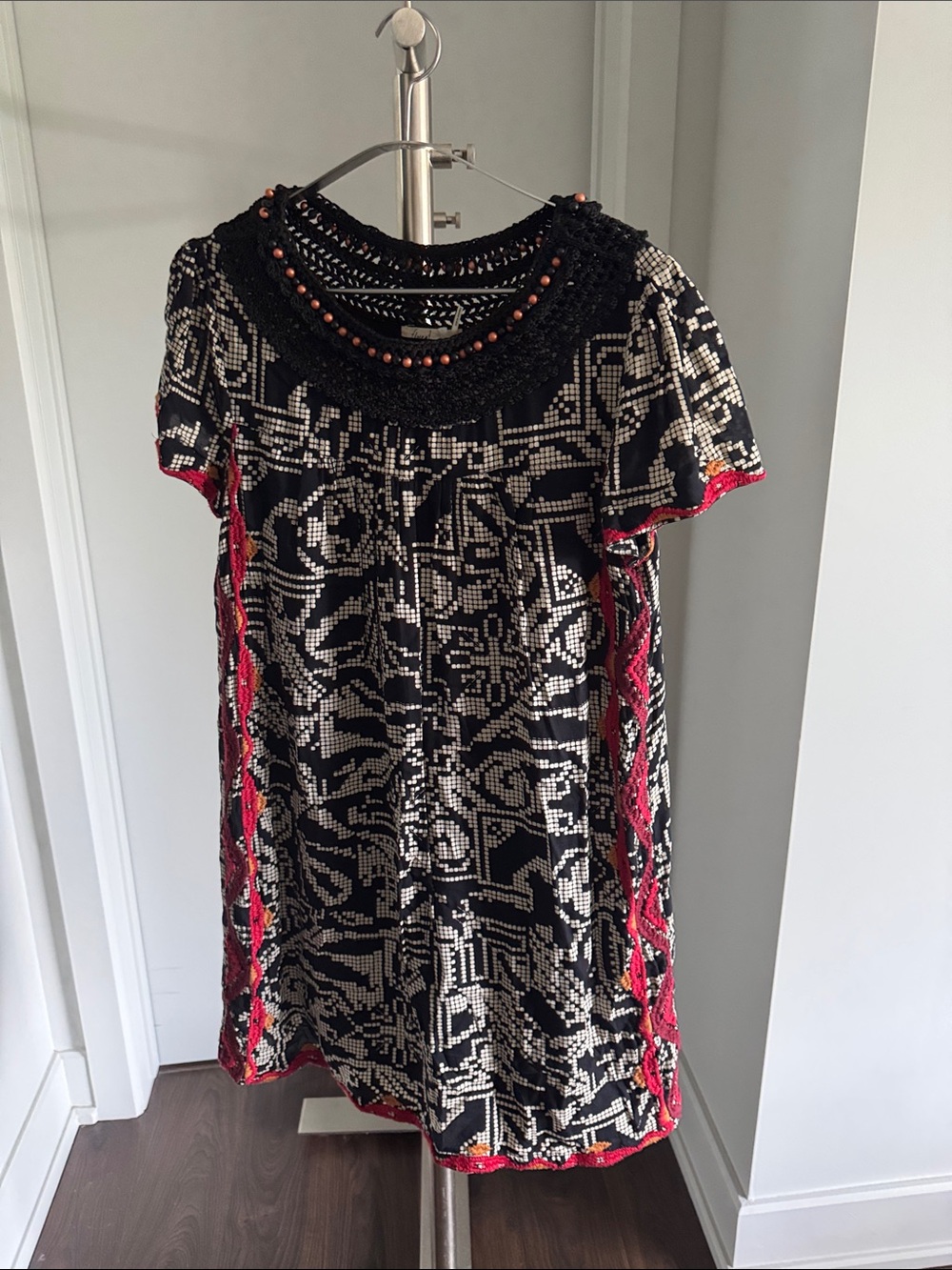 Anthropologie Black & Ivory Mini Dress with Red Trim